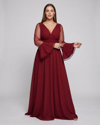 Damen Elegantes Maxikleid mit transparenter Ärmelgestaltung und tiefem V-Ausschnitt Drune