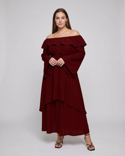 Damen elegantes Maxikleid mit weitem Ausschnitt und schwingenden Ärmeln Drune