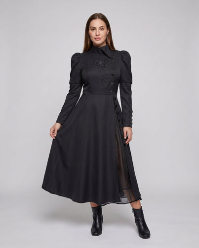 Damen elegantes Vintage-Midikleid mit innovativem Schnitt und aufwendigen Puffärmeln Drune