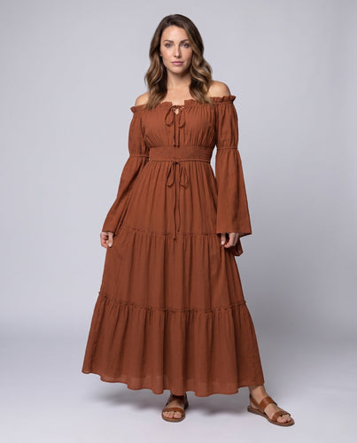 Damen Maxi-Kleid mit luftigen Puffärmeln und elastischem Taillengürtel Drune