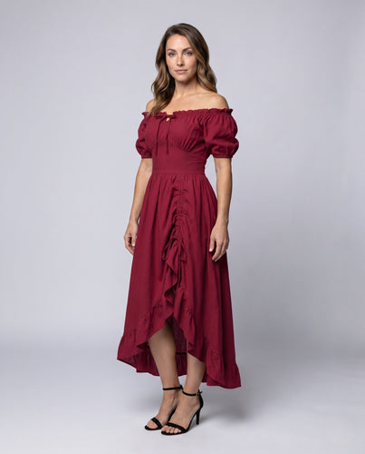 Damen Maxikleid mit schulterfreien Puffärmeln und Rüschendetails Drune