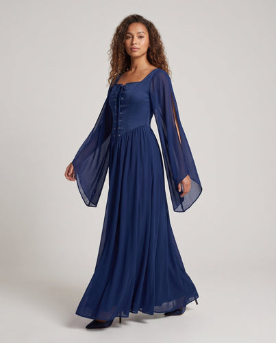Damen Maxikleid mit transparenten Ärmeln und Schnürdetails Drune