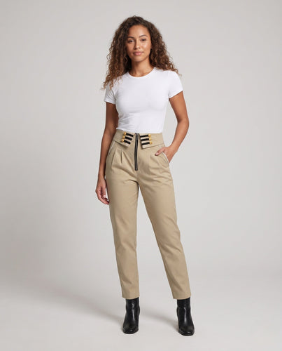Damen modische High-Waist-Hosen mit dekorativen Knöpfen und Reißverschluss Drune