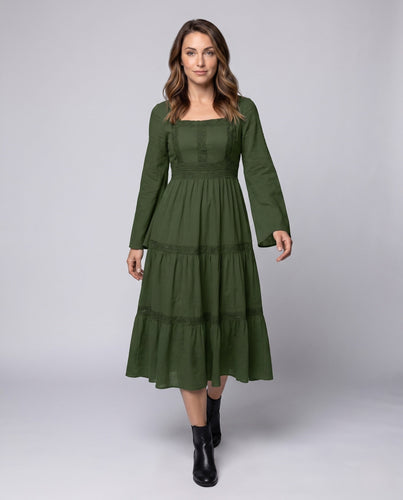 Damen romantisches Boho-Maxikleid mit weiten Ärmeln und Spitzenakzenten Drune