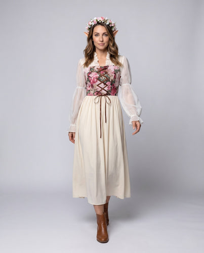 Damen romantisches Maxikleid mit floralem Design und transparenten Puffärmeln Drune