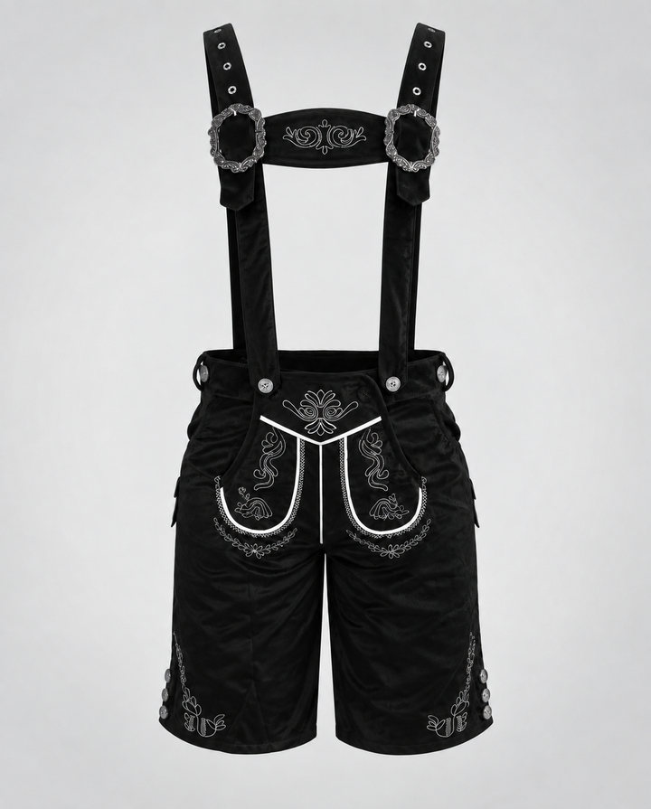 Damen Trachten-Lederhosen mit kunstvollen Verzierungen und verstellbaren Hosenträgern Drune