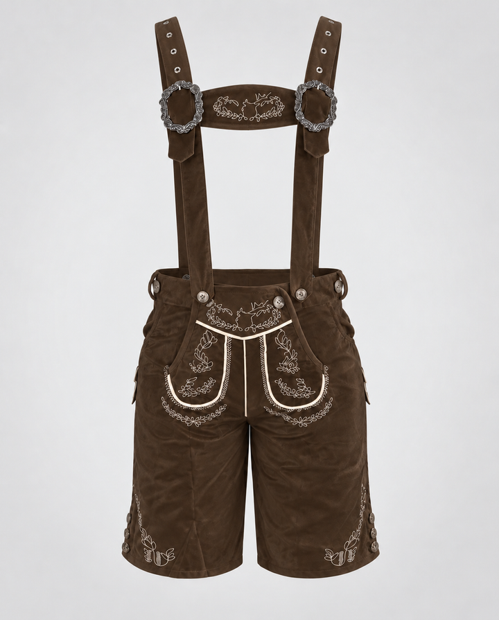 Damen Trachten-Lederhosen mit kunstvollen Verzierungen und verstellbaren Hosenträgern Drune