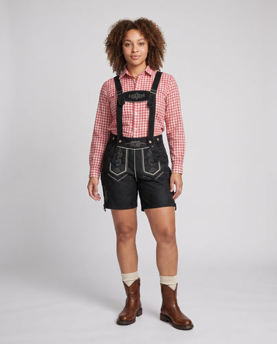 Damen traditionelle Trachten-Shorts mit verstellbaren Hosenträgern und detaillierter Stickerei Drune