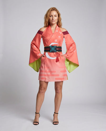 Damen traditionelle Kimono-Kleid mit blühenden Akzenten und fließenden Ärmeln Drune