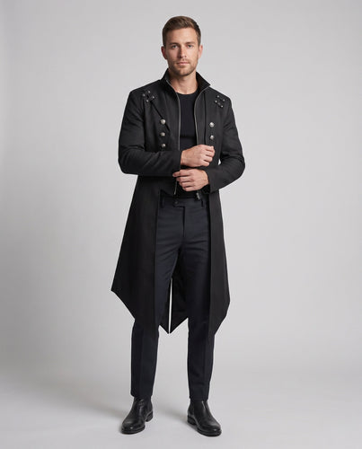 Herren stilvoller Frackmantel mit asymmetrischem Saum und dekorativen Knopfdetails Drune