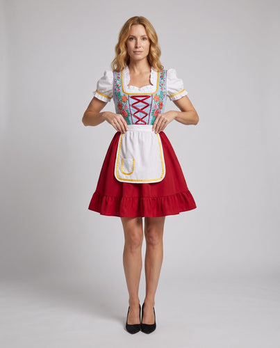 Damen Dirndl-Kleid mit farbenfrohen Applikationen und Rüschensaum Drune