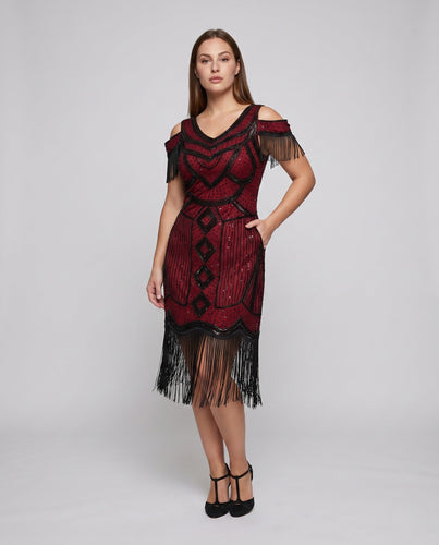 Damen Fransen Cocktailkleid mit glänzenden Pailletten Drune