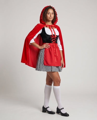 Damen Märchenhaftes Rotkäppchen-Kostüm mit eleganter Kapuze und fröhlichem Tüllrock Drune