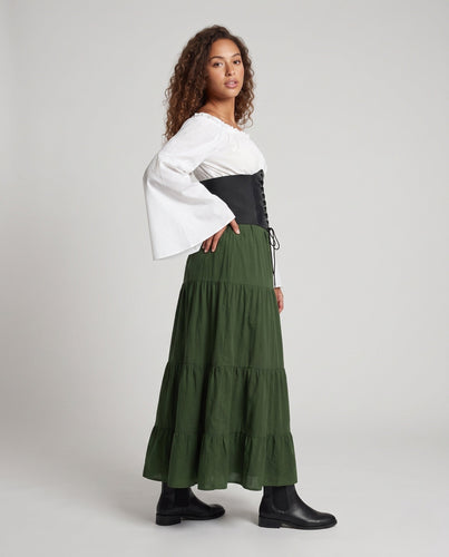 Damen romantisches Maxikleid mit schwingendem Rock und tailliertem Oberteil Drune