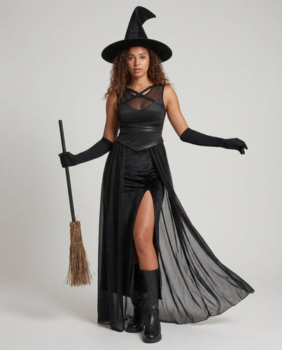 Damen schickes Hexenkleid mit langen transparenten Ärmeln Drune