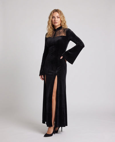 Damen Abendkleid mit Spitzenuntersetzung und tiefem Schlitz Drune
