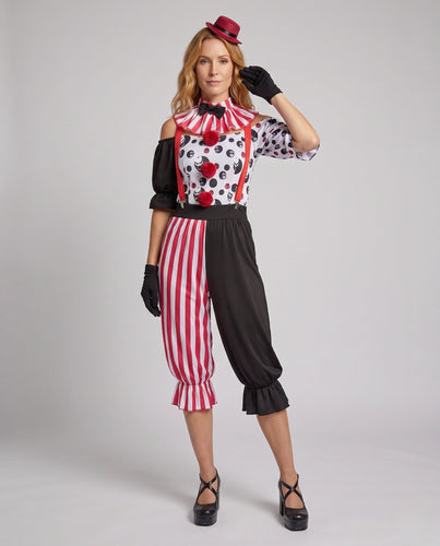 Damen Clownkostüm mit gestreiftem Design und verspielten Akzenten Drune