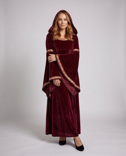 Damen elegantes Kapuzenkleid mit langen, schwingenden Ärmeln und kreativen Akzenten Drune
