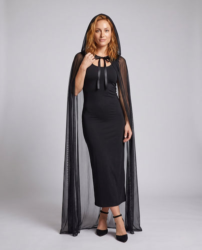 Damen elegantes Langarmkostüm mit schimmerndem Überrock und Kapuze Drune