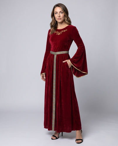 Damen elegantes Maxikleid mit weiten Ärmeln und dekorativem Gürtel Drune