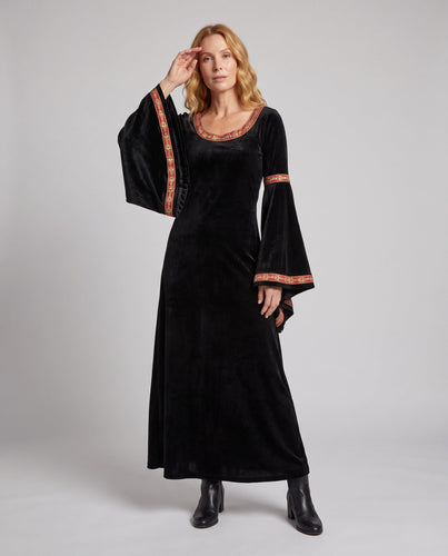 Damen Gothic Kostümkleid mit weit ausgestellten Ärmeln und Kapuze Drune