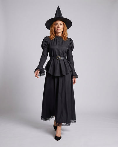 Damen Hexenkleid mit weitem Rock und Spitzenverzierungen Drune