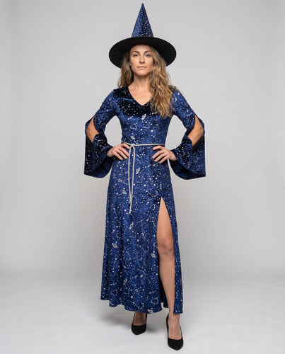 Damen Hexenrobe mit langer Schleppe und glitzernden Sternenmotiven Drune