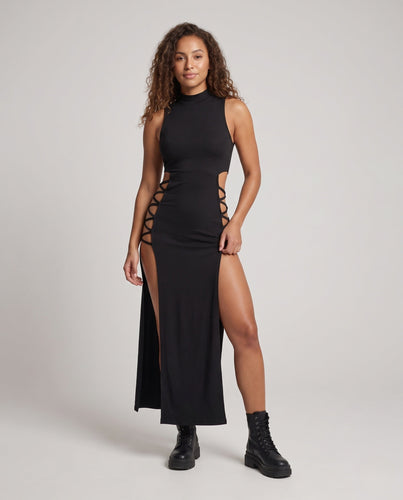 Damen Langes cut-out Kleid mit seitlichen Schnüren Drune