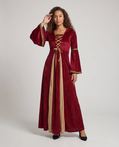 Damen märchenhaftes Kostümkleid mit Kapuze und weiten Ärmeln Drune