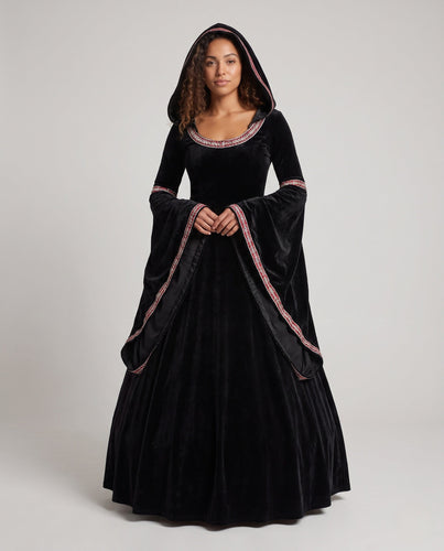 Damen Mystisches Hexenkleid mit Kapuze und weit ausgestellten Ärmeln Drune