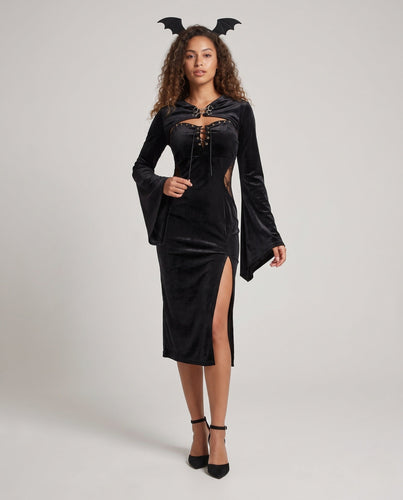 Damen Schickes Midikleid mit Kapuze und weiten Ärmeln Drune