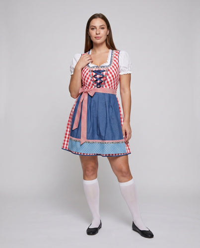 Damen Trachtenkleid mit kariertem Oberteil und satinierter Schärpe Drune