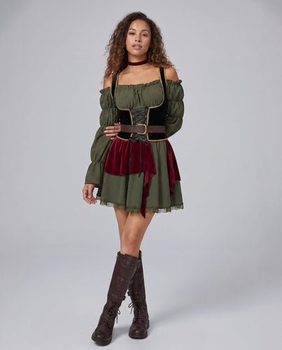 Frauen traditionelle Kleid mit Rüschendetails und figurbetontem Gürtel Drune