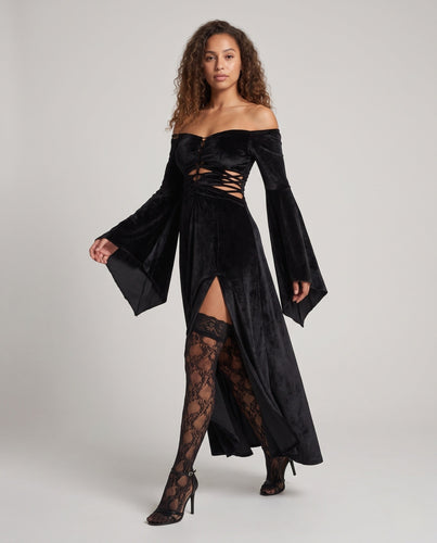 Damen Verspieltes Gothic Kostümkleid mit schulterfreiem Design und Tüllakzenten Drune