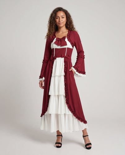 Damen Vintage Maxikleid mit ausgestellten Ärmeln und Rüschendetails Drune