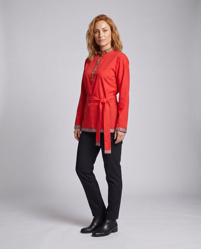Damen Elegante ethnische Bluse mit feinen Stickereien und Taillengürtel Drune