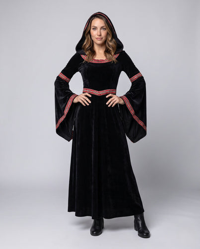 Damen Elegantes Kapuzenkleid mit weiten Ärmeln und aufwendigen Verzierungen Drune