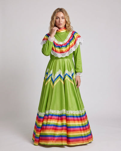 Damen Festliches mexikanisches Kleid mit bunten Akzenten und Spitzenverzierungen Drune