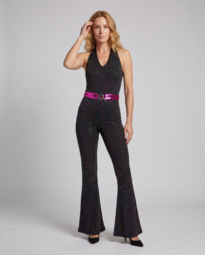 Damen Funkelnder Disco Overall mit weitem Bein und glitzerndem Gürtel Drune