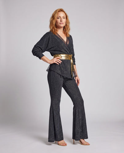 Damen Glitzerndes Flared-Outfit mit eleganter Taillierung und modischem Gürtel Drune