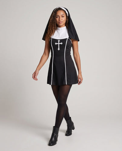 Damen Gruseliges Nonnenkostüm mit detailverliebtem Kreuz und elegantem Hut Drune
