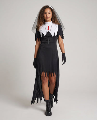 Damen Halloween Nonnenkostüm mit schaurigen Details und langem Umhang Drune