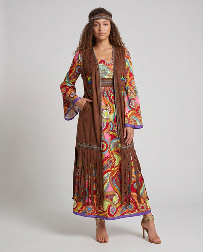 Damen Hippie Kleid mit bunten Mustern und Fransen Drune