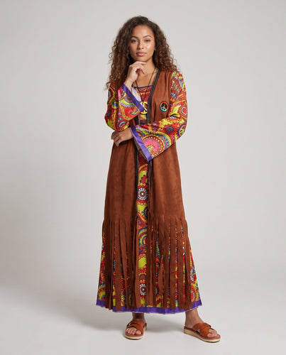 Damen Hippie-Langkleid mit bunten Mustern und Fransen Drune