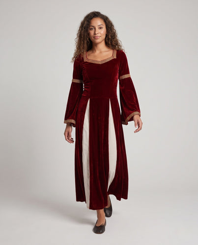 Damen Historisches Samtkleid mit weit ausgestellten Ärmeln und dekorativem Kragen Drune