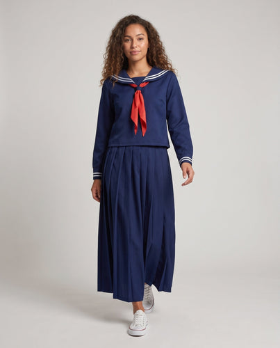 Damen Maritimes Schulkleid mit zweifarbigem Kragen und langen Ärmeln Drune