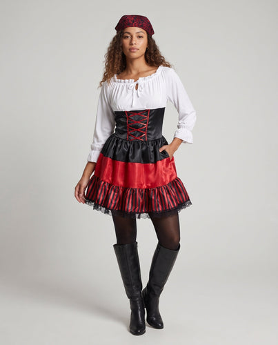 Damen Piratinnen Kostüm mit voluminösem Rock und Rüschendetails Drune