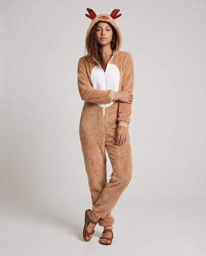 Damen Plüsch Rentier Overall mit Kapuze und tierischen Ohren Drune