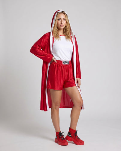 Damen Sport Boxer Kostüm mit Kapuze und glänzenden Akzenten Drune