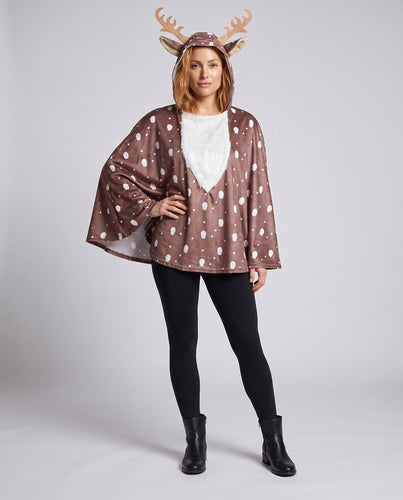 Damen Tierkostüm als reindeer-ähnliches Poncho mit Kapuze und 3D Geweihen Drune